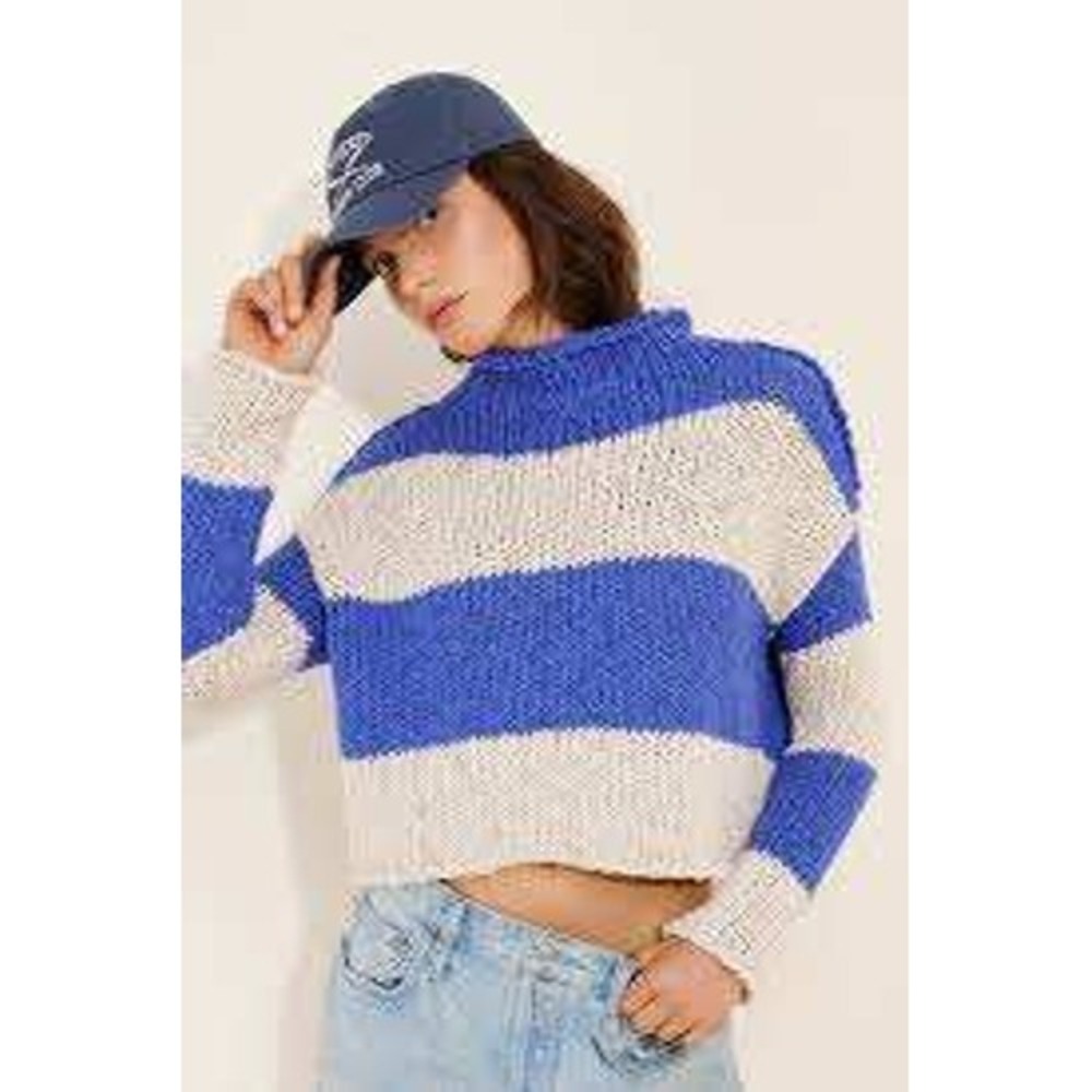 Free People Opal Rugy Striped Sweater Small Chunky Mock Neck Blue White Boho NWT